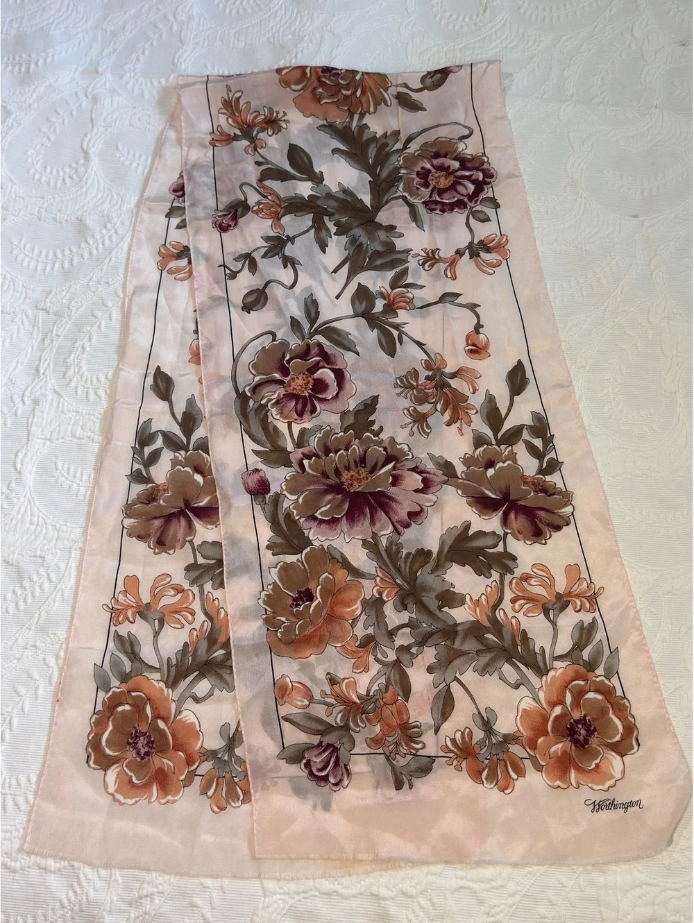Vintage Worthington Floral Scarf Peach Burgundy Botanical Silky Long Neck Scarf